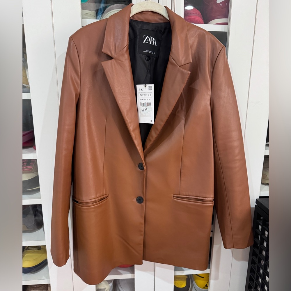 Zara Brown Faux Leather Blazer Jacket